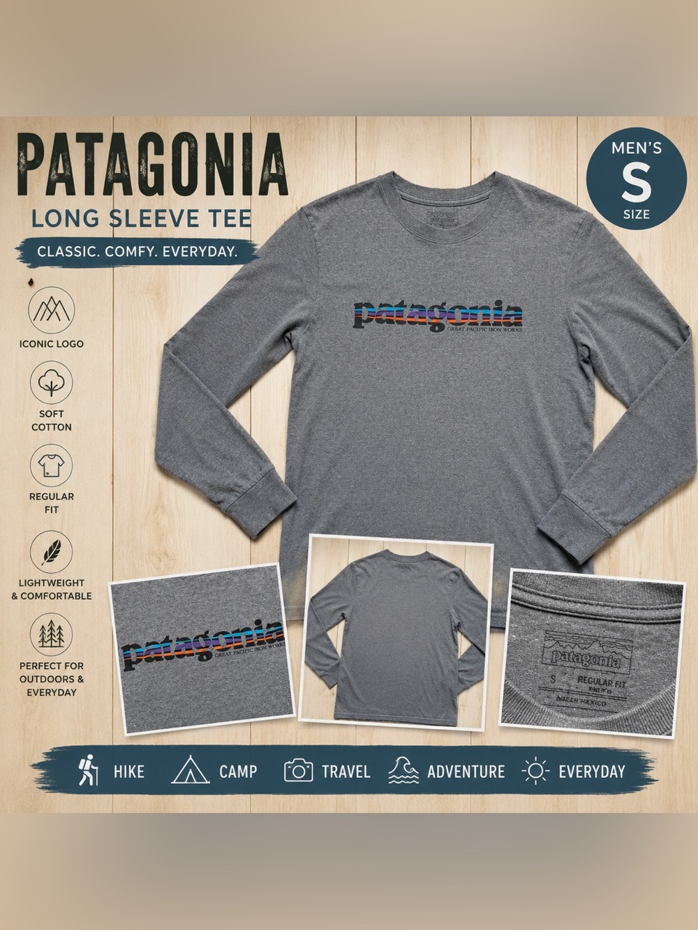 Patagonia Long Sleeve Graphic Tee Gray Stripe Logo Regular Fit Men’s Size S